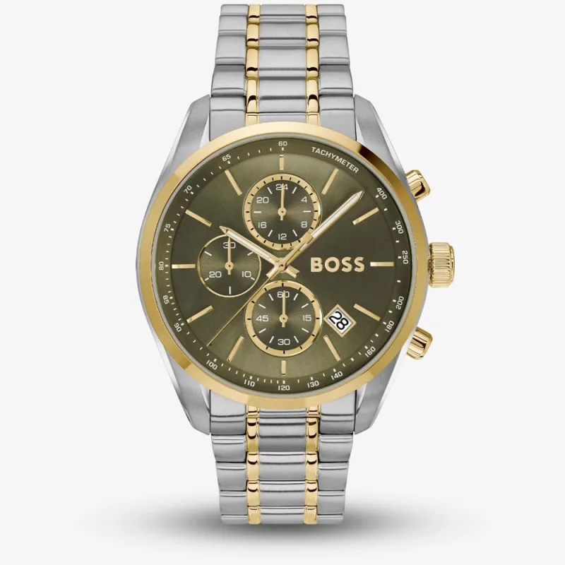 Boss Mens Grand Prix 44 Two-Tone Green Chronograph Watch 1514227
