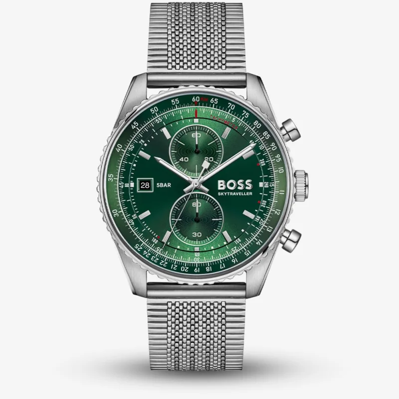 Boss Mens Skytraveller Chronograph Green Dial Mesh Bracelet Watch 1514347