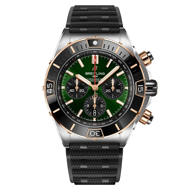 Breitling Men's Green Super Chronomat B01 18ct Rose Gold Automatic Watch, Size: 44mm