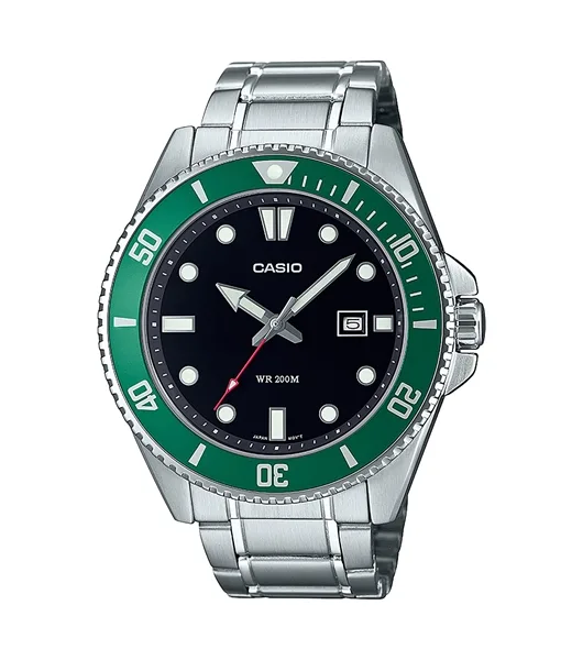 Casio Mens Stainless Steel Black Dial Green Bezel Diver Watch