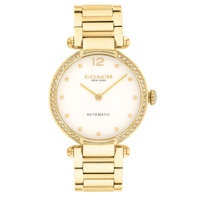 Coach Cary 34mm Yellow Gold Plated Crystal Automatic Ladies Watch