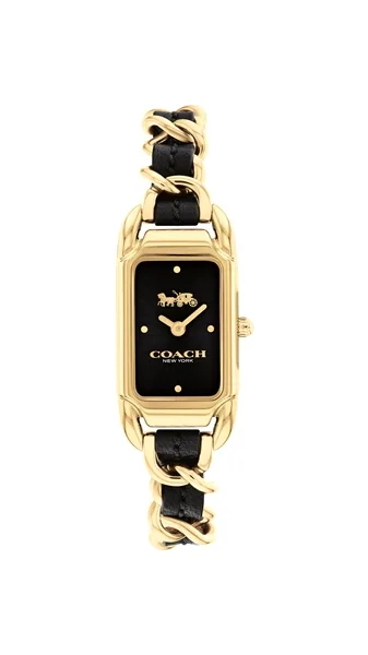 Coach Gold Cadie Black Rectangle Chain Leather Strap Watch - Gold