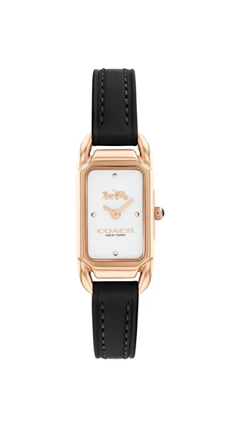 Coach Rose Gold Cadie Rectangle Black Leather Watch - Rose Gold