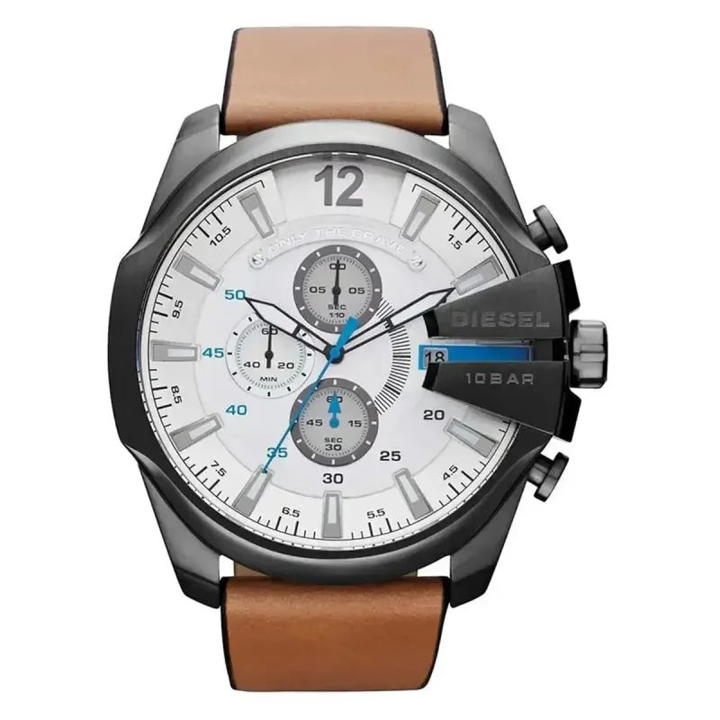 Diesel Mega Chief Chronograph DZ4280 Silver Tone Watch with Brown Leather Strap