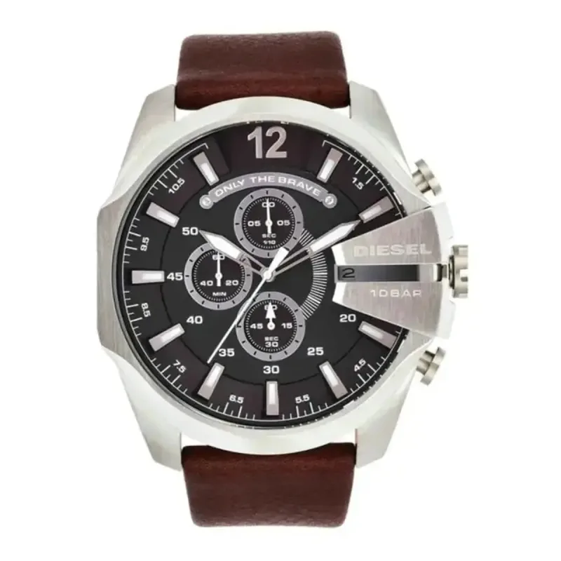 Diesel Mega Chief DZ4290 Men's Chronograph Watch – Grey Dial Brown Leather