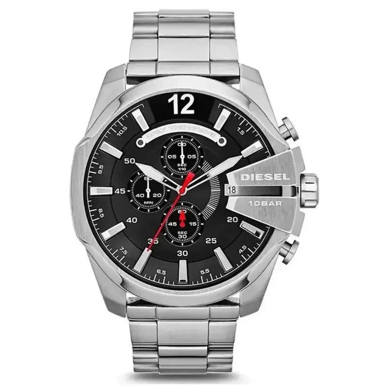 Diesel Mega Chief DZ4308 Men's Chronograph Watch – 51mm Black Dial Silver-Tone Bracelet