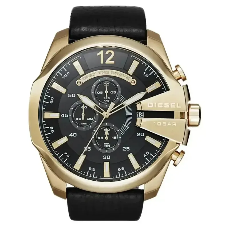 Diesel Mega Chief DZ4344 Men's Chronograph Watch - Gold Case and Black Leather Strap