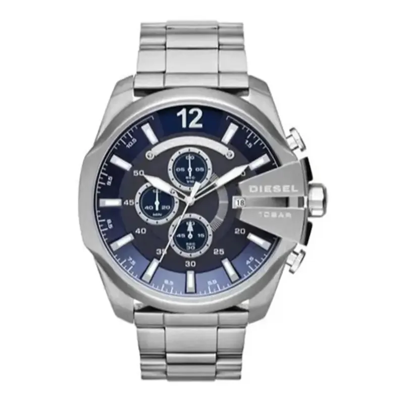 Diesel Mega Chief DZ4417 Men's Chronograph Watch – 51mm Blue Dial Silver Steel Bracelet