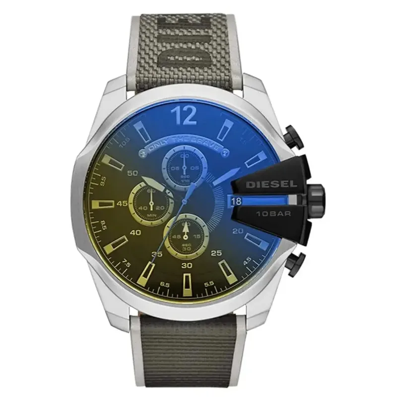 Diesel Mega Chief DZ4523 Men's Chronograph Watch – 51mm Black Iridescent Dial Grey Nylon Strap