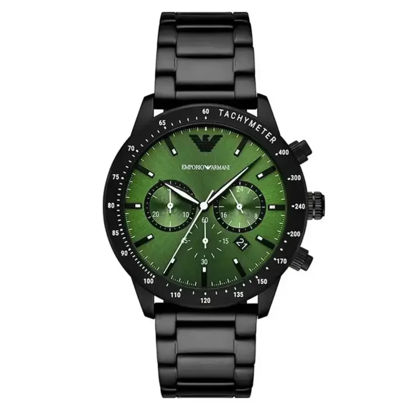 Emporio Armani AR11472 Mario Chronograph Men's Watch – 43mm Green Dial Black Steel Bracelet