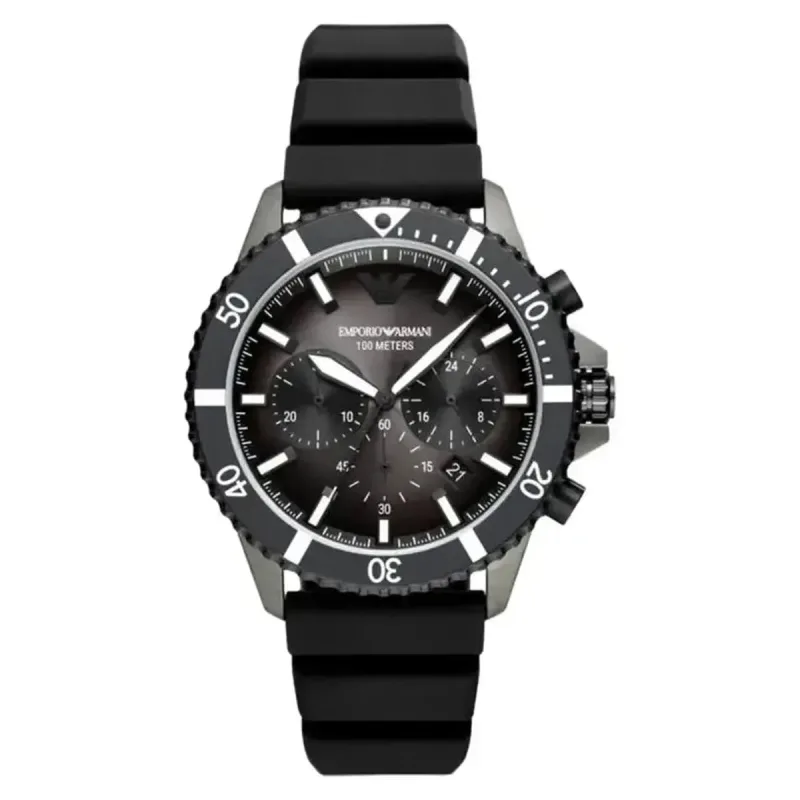 Emporio Armani AR11515 Men's Diver Chronograph Watch – 43mm Black Dial Silicone Strap