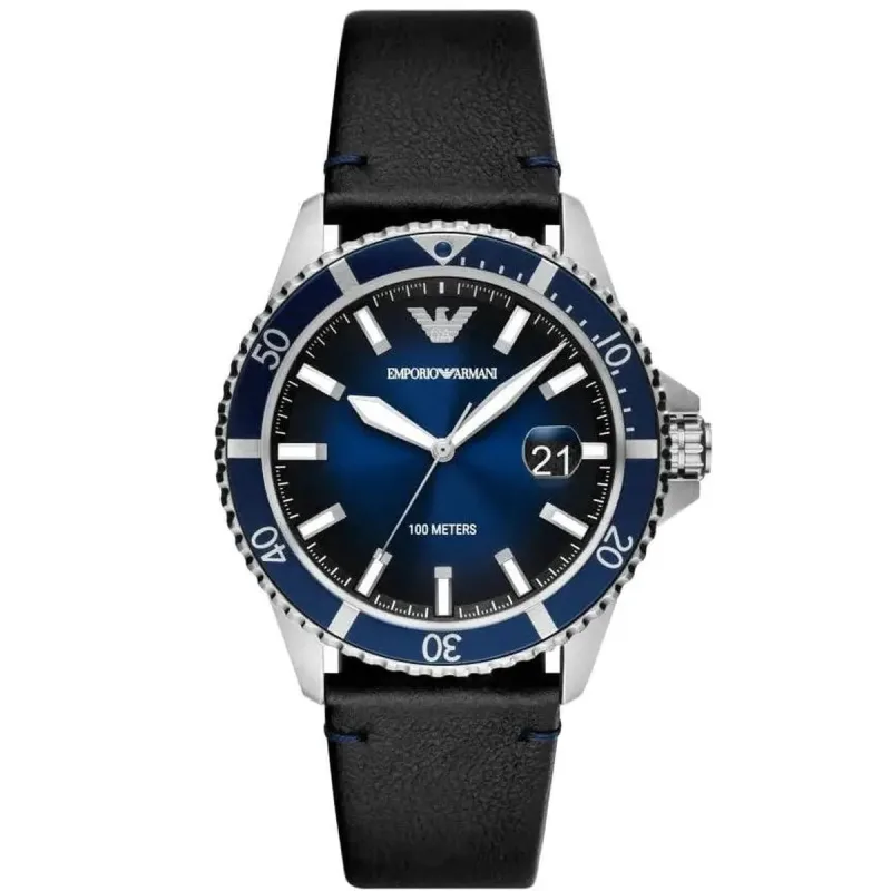 Emporio Armani AR11516 Sea Diver Men's Watch – 42mm Blue Sunray Dial with Black Leather Strap