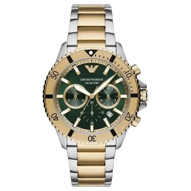 Emporio Armani AR11586 Sea Explorer Diver Chronograph Men's Watch – 43.5mm Green Dial Two-Tone Bracelet