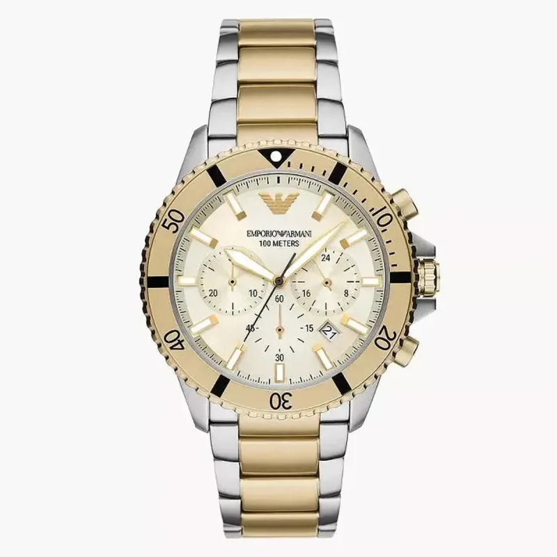Emporio Armani AR11606 World Explorer Men's Chronograph Watch – 43mm Cream Dial Two-Tone Bracelet