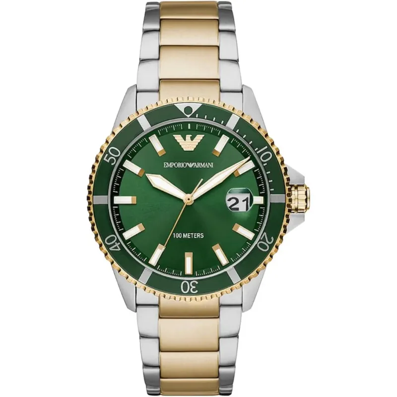 Emporio Armani AR80063 World Explorer Men's Watch – 42mm Green Dial Two-Tone Bracelet with Gift Set