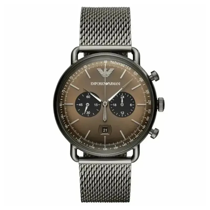 Emporio Armani Aviator AR11141 Men's Chronograph Watch – 43mm Brown Dial Grey Mesh Bracelet