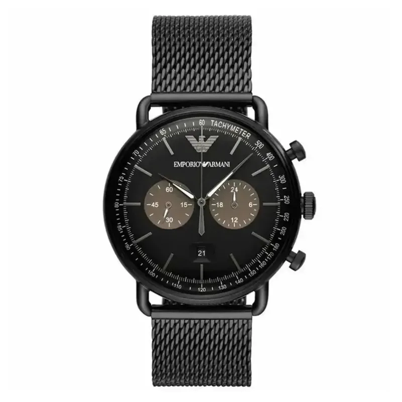 Emporio Armani Aviator AR11142 Men's Chronograph Watch – 43mm Black Dial Mesh Bracelet