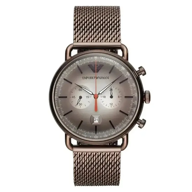 Emporio Armani Aviator AR11169 Men's Chronograph Watch – 43mm Brown Dial Brown Mesh Bracelet