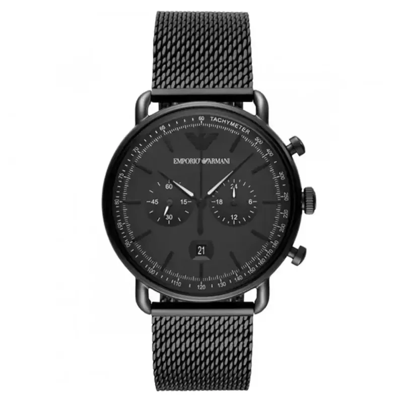 Emporio Armani Aviator AR11264 Men's Chronograph Watch – 43mm Black Dial Mesh Bracelet