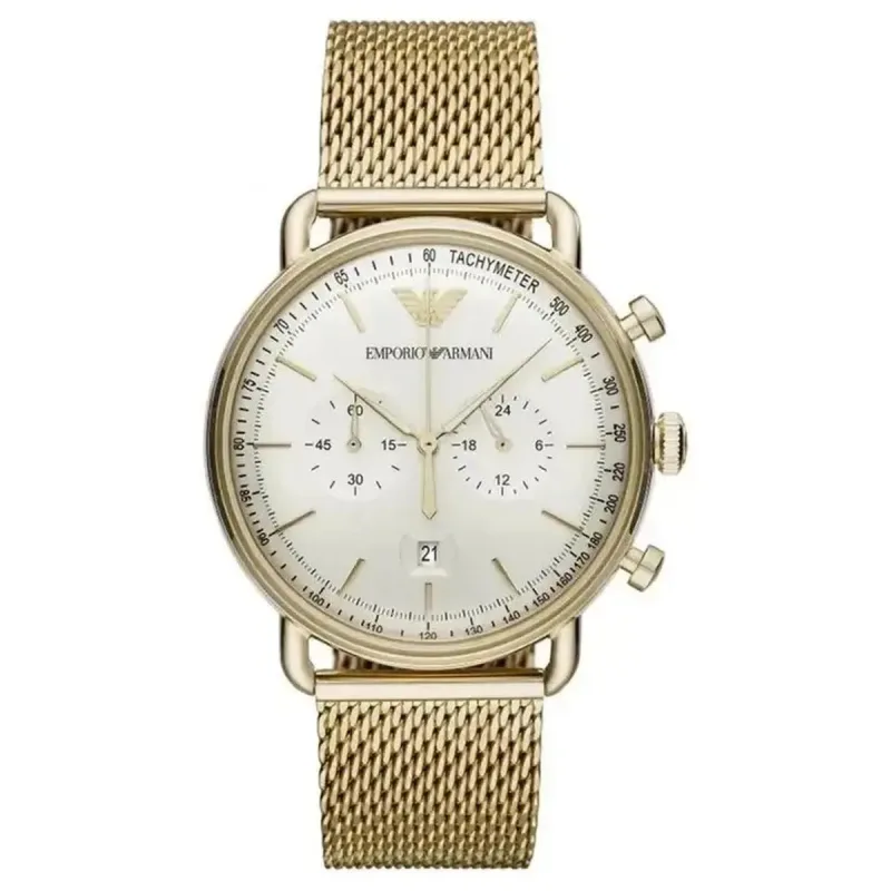 Emporio Armani Aviator AR11315 Men's Chronograph Watch – 43mm Cream Dial Gold Mesh Bracelet