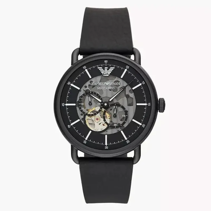 Emporio Armani Aviator Meccanico AR60028 Men's Automatic Black Skeleton Dial Leather Watch