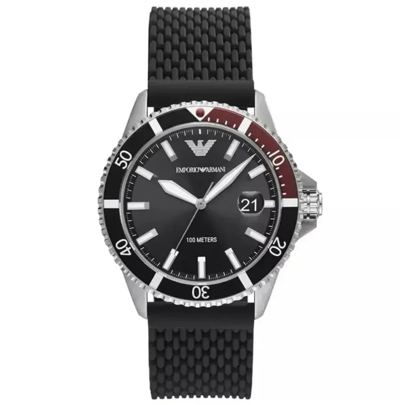 Emporio Armani Diver AR11341 Men's Chronograph Watch – 42mm Black Dial Black Silicone Strap