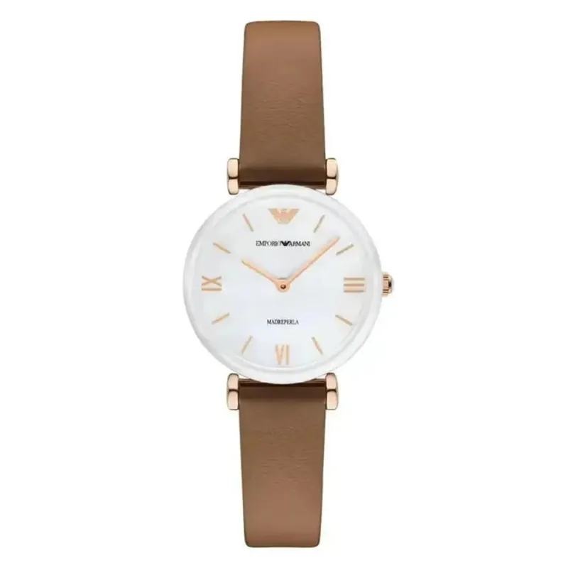 Emporio Armani Gianni T-Bar AR11040 Women's Watch – 32mm Mother of Pearl Dial Brown Leather Strap
