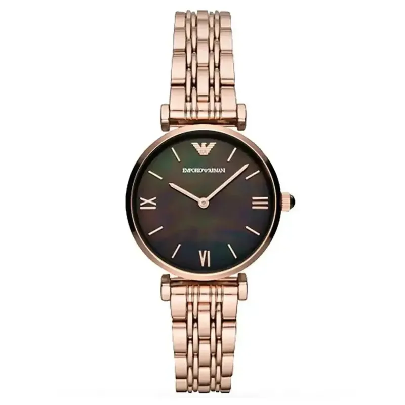 Emporio Armani Gianni T-Bar AR11145 Women's Watch – 32mm Black Mother-of-Pearl Dial Rose Gold Bracelet