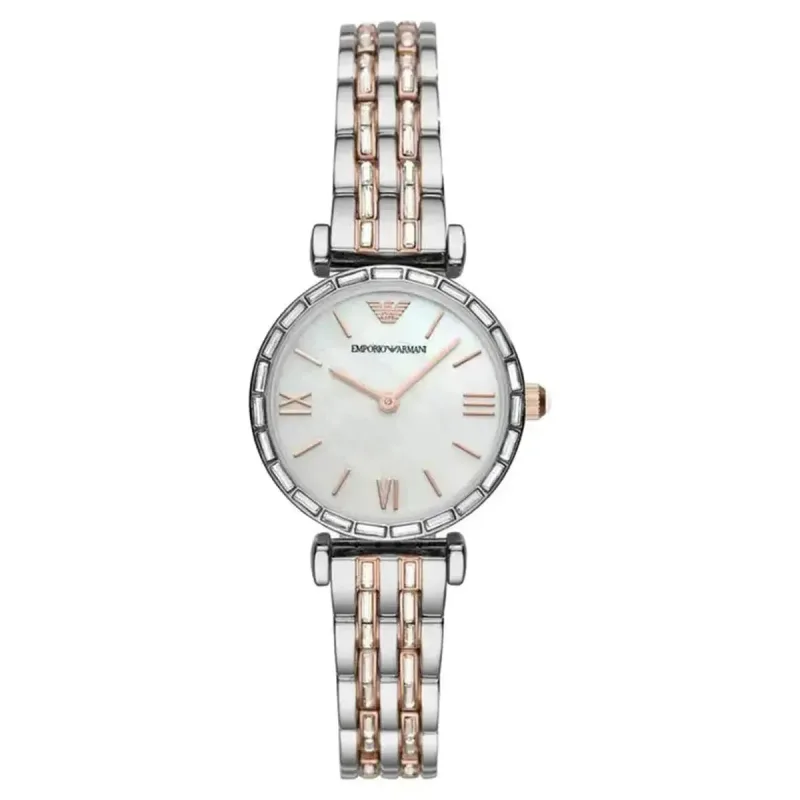 Emporio Armani Gianni T-Bar AR11290 Women's Watch - 28mm Mother of Pearl Dial Two-Tone Bracelet with Baguette Crystals