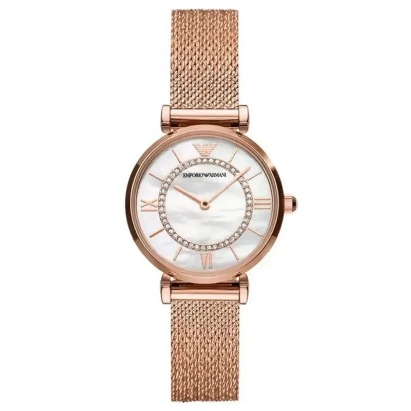Emporio Armani Gianni T-Bar AR11320 Women's Watch – 32mm Mother of Pearl Dial Rose Gold Mesh Bracelet