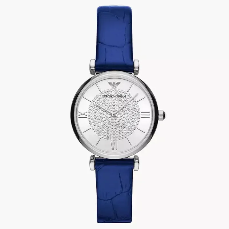 Emporio Armani Gianni T-Bar AR11344 Women's Watch – 32mm Silver Dial Navy Blue Leather Strap