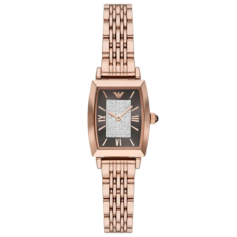 Emporio Armani Gianni T-Bar AR11407 Women's Rose Gold Watch – 26mm Brown Crystal-Pavé Dial