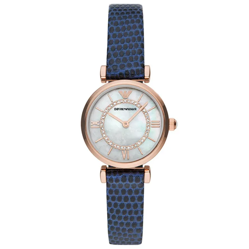 Emporio Armani Gianni T-Bar AR11468 Women's Watch – 28mm Rose Gold-Tone Case White Mother-of-Pearl Dial Blue Leather Strap