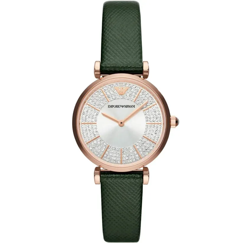 Emporio Armani Gianni T-Bar AR11517 Women's Watch - 32mm Rose Gold Case White Dial Green Leather Strap