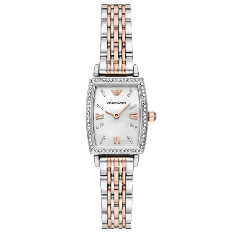 Emporio Armani Gianni T-Bar AR11519 Women's Rectangular Watch – 26mm White Mother of Pearl Dial Two-Tone Bracelet