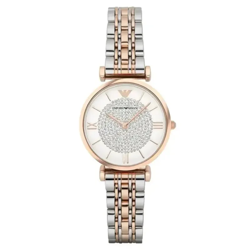 Emporio Armani Gianni T-Bar AR1926 Ladies Two-Tone Stainless Steel Watch – 32mm White Crystal Pavé Dial