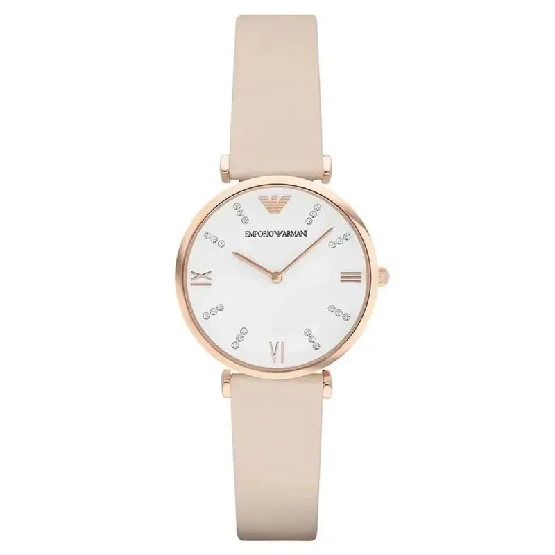 Emporio Armani Gianni T-Bar AR1927 Women's Rose Gold Watch – 32mm White Dial Beige Leather Strap