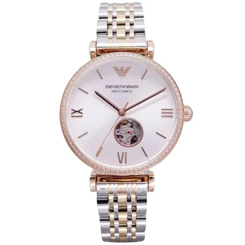 Emporio Armani Gianni T-Bar AR60019 Women's Automatic Watch – 34mm White Open Heart Dial Two-Tone Bracelet