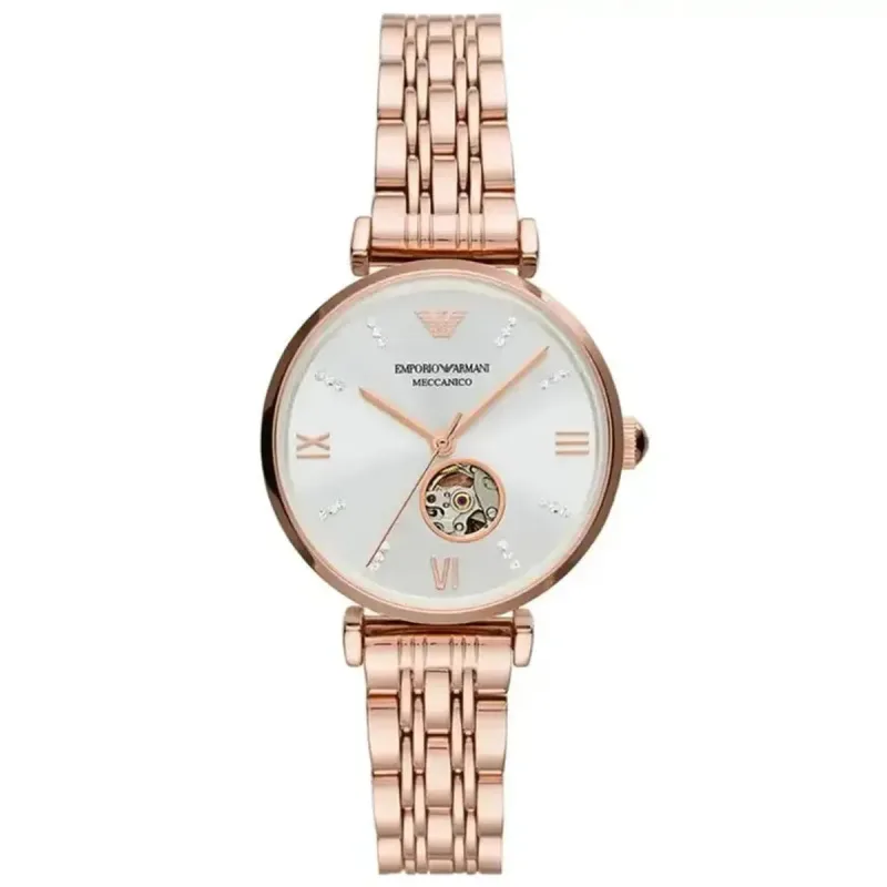 Emporio Armani Gianni T-Bar AR60023 Women's Automatic Watch - 34mm Silver Skeleton Dial Rose Gold Bracelet