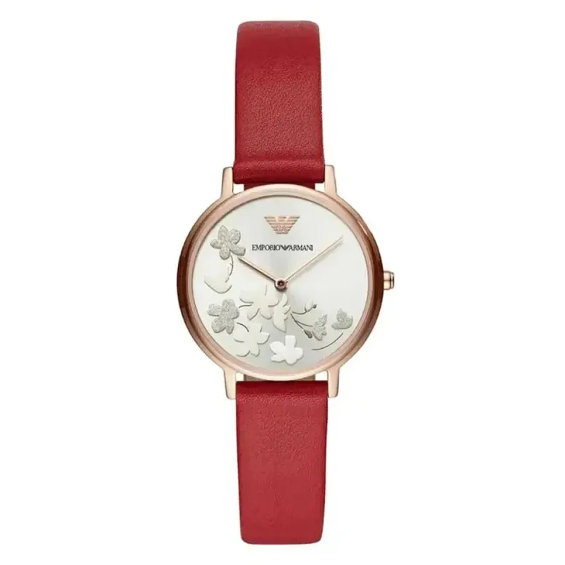 Emporio Armani Kappa AR11114 Women's Silver Dial Red Leather Strap Watch – 32mm