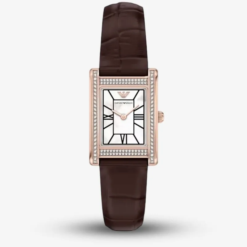 Emporio Armani Ladies Genni White Mother Of Pearl Rectangular Dial Brown Leather Strap Watch AR11804