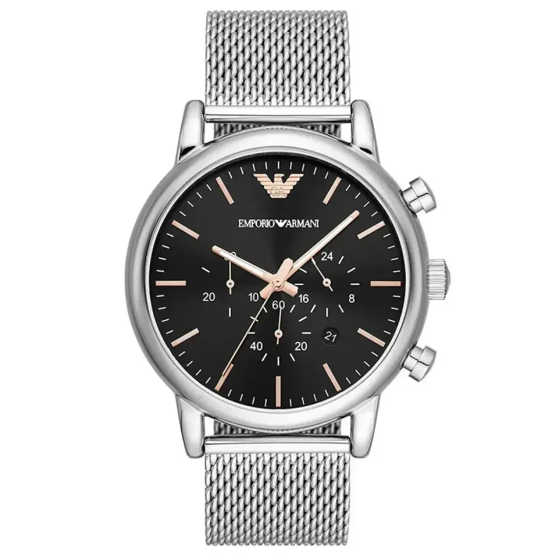 Emporio Armani Luigi AR11429 Men's Chronograph Watch – 46mm Black Dial Silver Mesh Bracelet