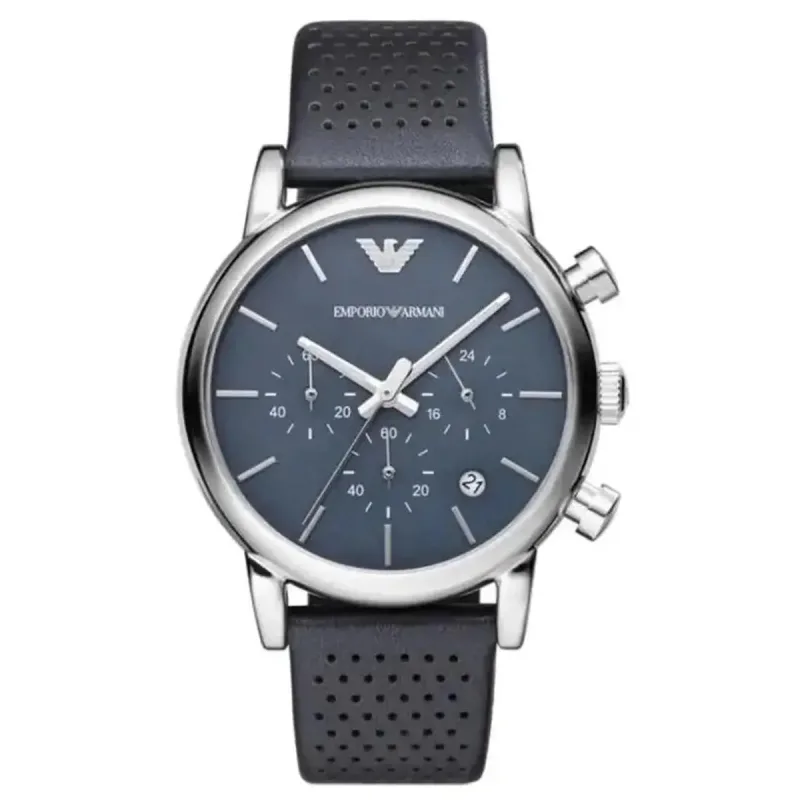 Emporio Armani Luigi AR1736 Men's Chronograph Watch – 41mm Blue Dial Blue Perforated Leather Strap