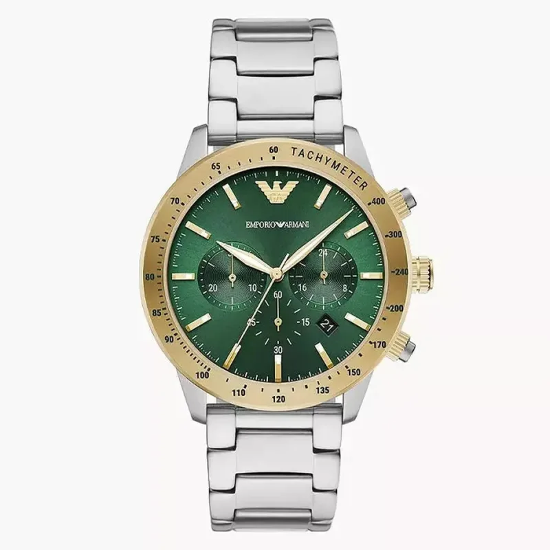 Emporio Armani Mario AR11454 Men's Chronograph Watch – 43mm Green Dial Silver & Gold Steel Bracelet