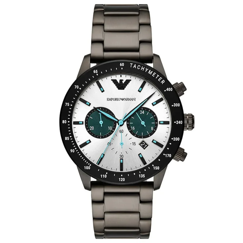 Emporio Armani Mario AR11471 Men's Chronograph Watch – 43mm Silver-White Dial Gunmetal Bracelet