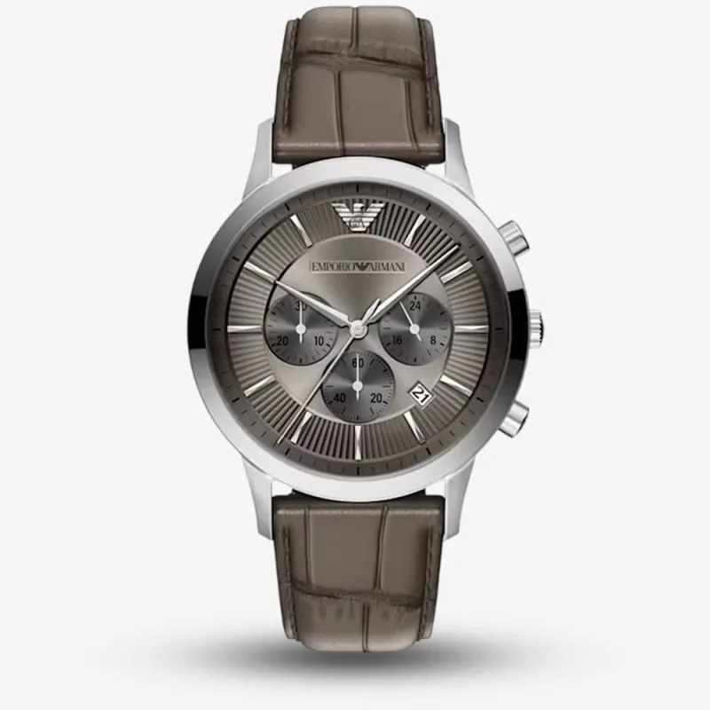 Emporio Armani Mens Archetipo Grey Chronograph Dial Leather Strap Watch AR11821