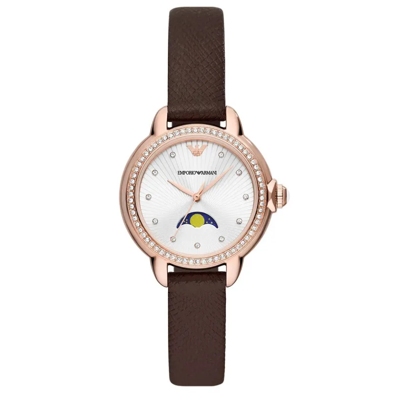 Emporio Armani Mia AR11568 Ladies' Moonphase Watch – 32mm Silver Dial Brown Leather Strap