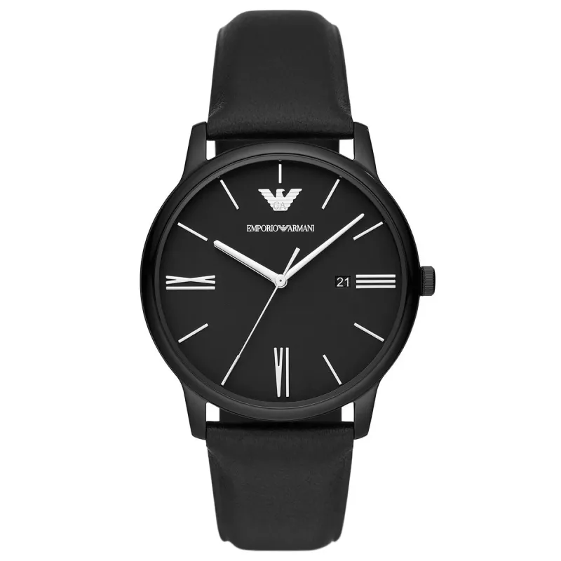 Emporio Armani Minimalist AR11573 Men's Three-Hand Date Watch – 42mm Black Dial Black Leather Strap