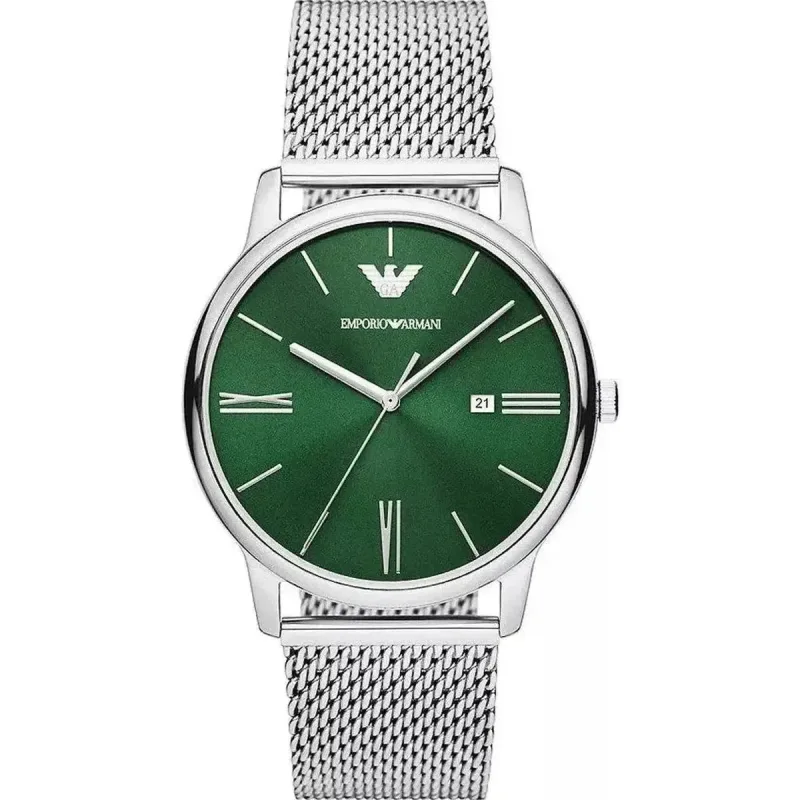 Emporio Armani Minimalist AR11578 Men's Watch – 42mm Green Dial Silver Mesh Bracelet