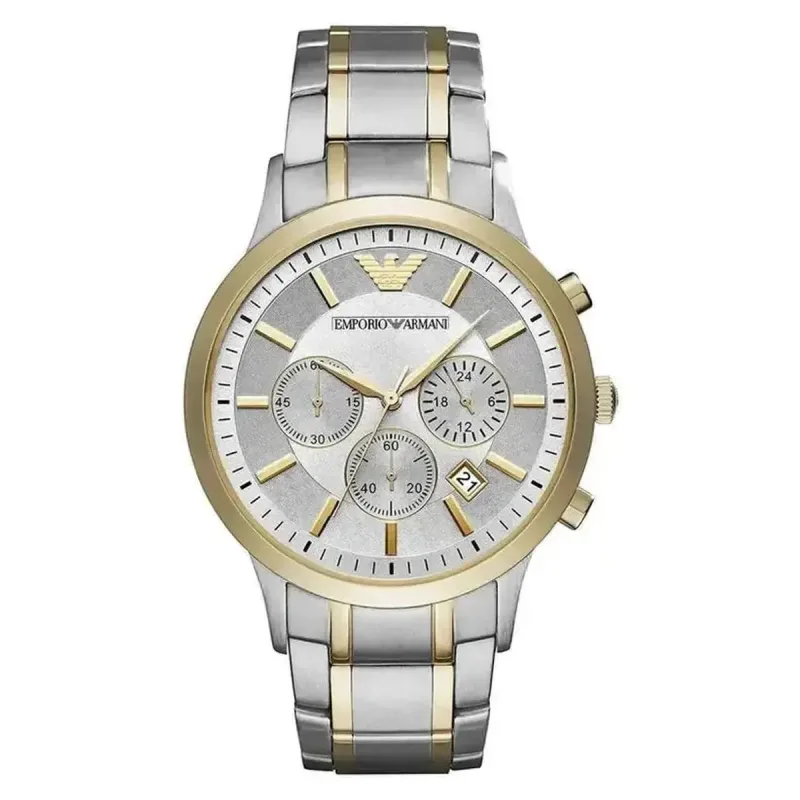 Emporio Armani Renato AR11076 Men's Chronograph Watch – 43mm Silver Dial Two-Tone Steel Bracelet